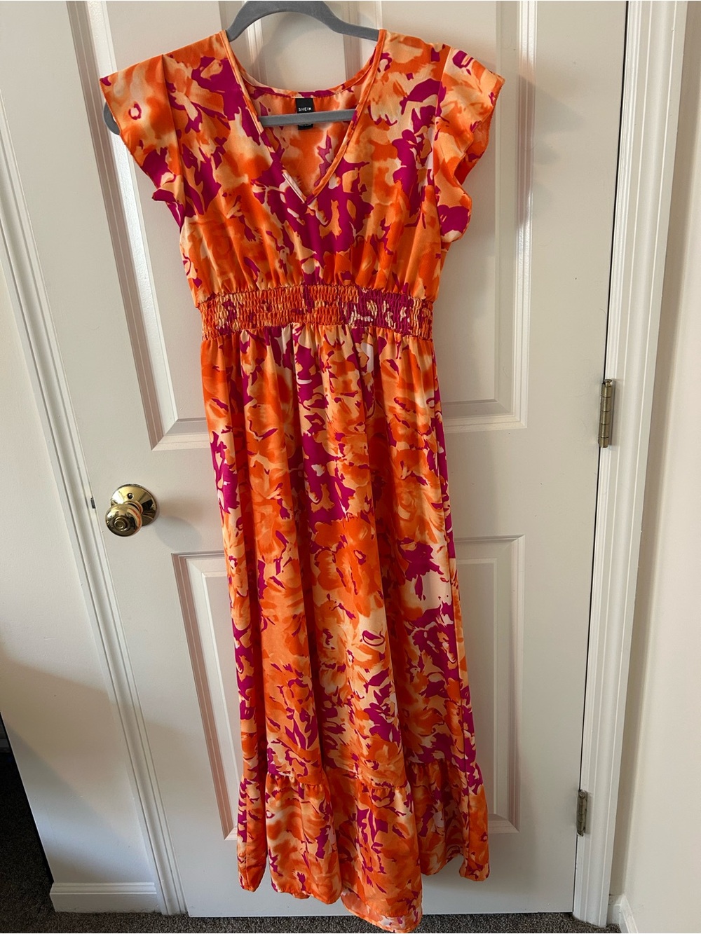 SHEIN Orange & Pink Floral V-Neck Casual Maxi Dress